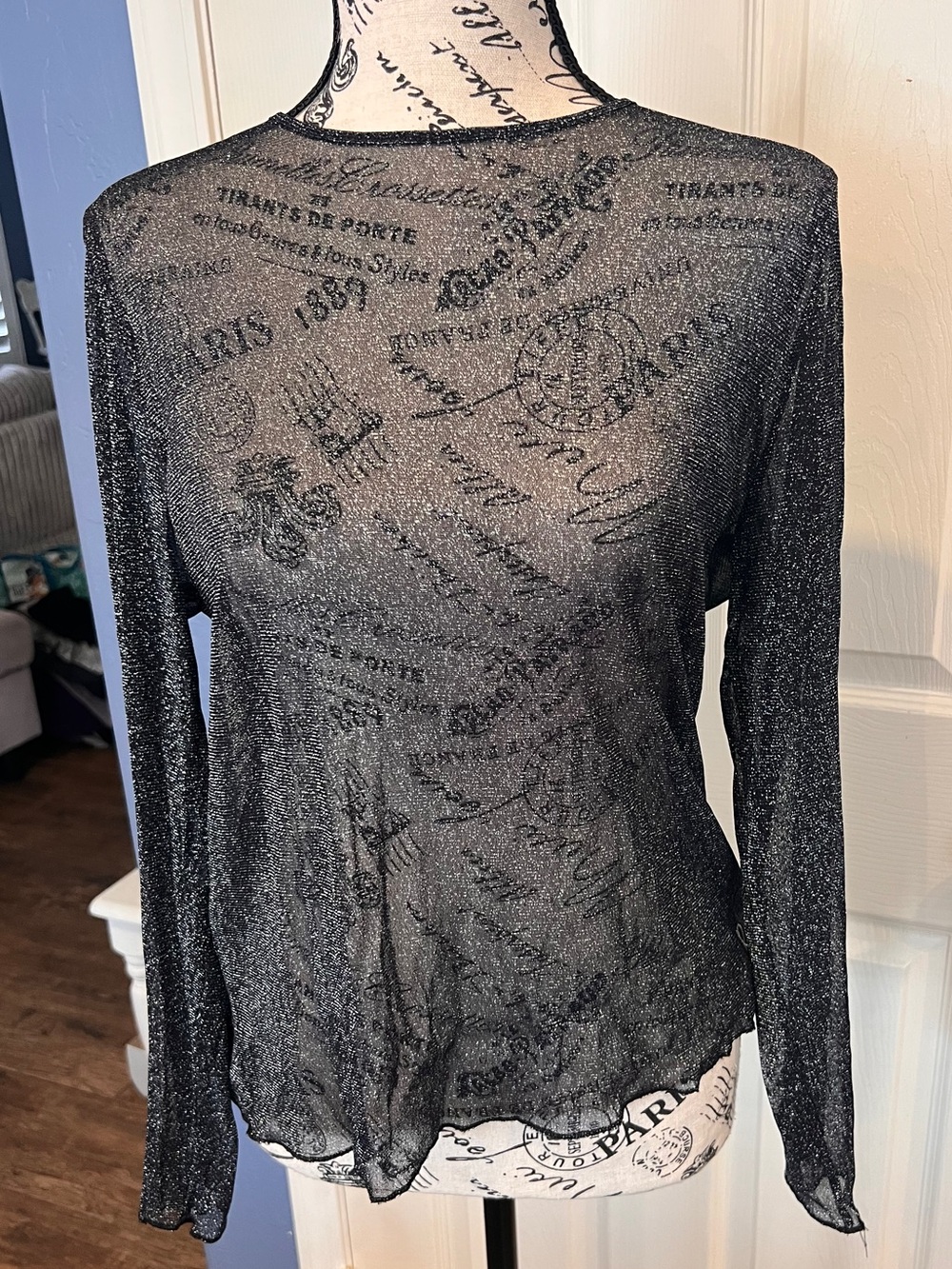 Victoria Secret Sheer Metallic Black Long-Sleeve Top sparkle party date retro